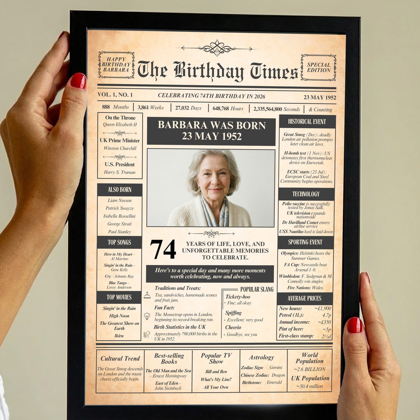 a person holding a framed newspaper-style birthday announcement for Barbara was born on 23 May 1952.