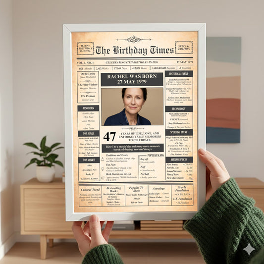 a person holding up a framed newspaper-style birthday announcement for a woman named Rachel, celebrating her 47th birthday.
