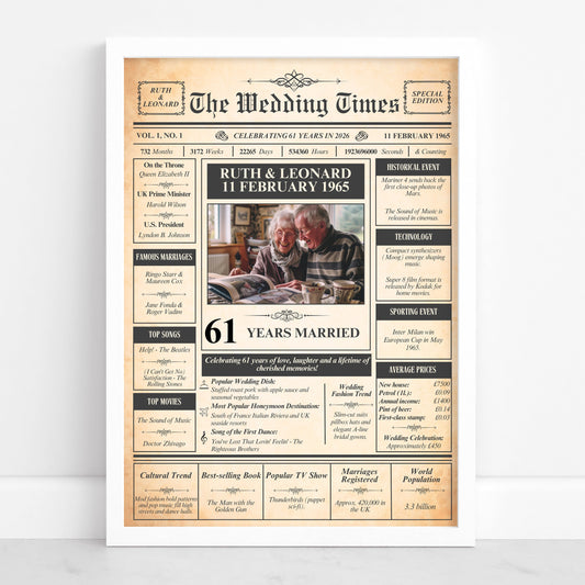 The image is a newspaper-style wedding announcement featuring a recipient celebrating their 61 years of marriage.