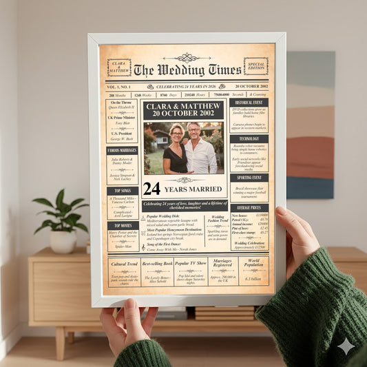 A person is holding up a framed newspaper-style wedding announcement for a recipient celebrating their 24 years of marriage.