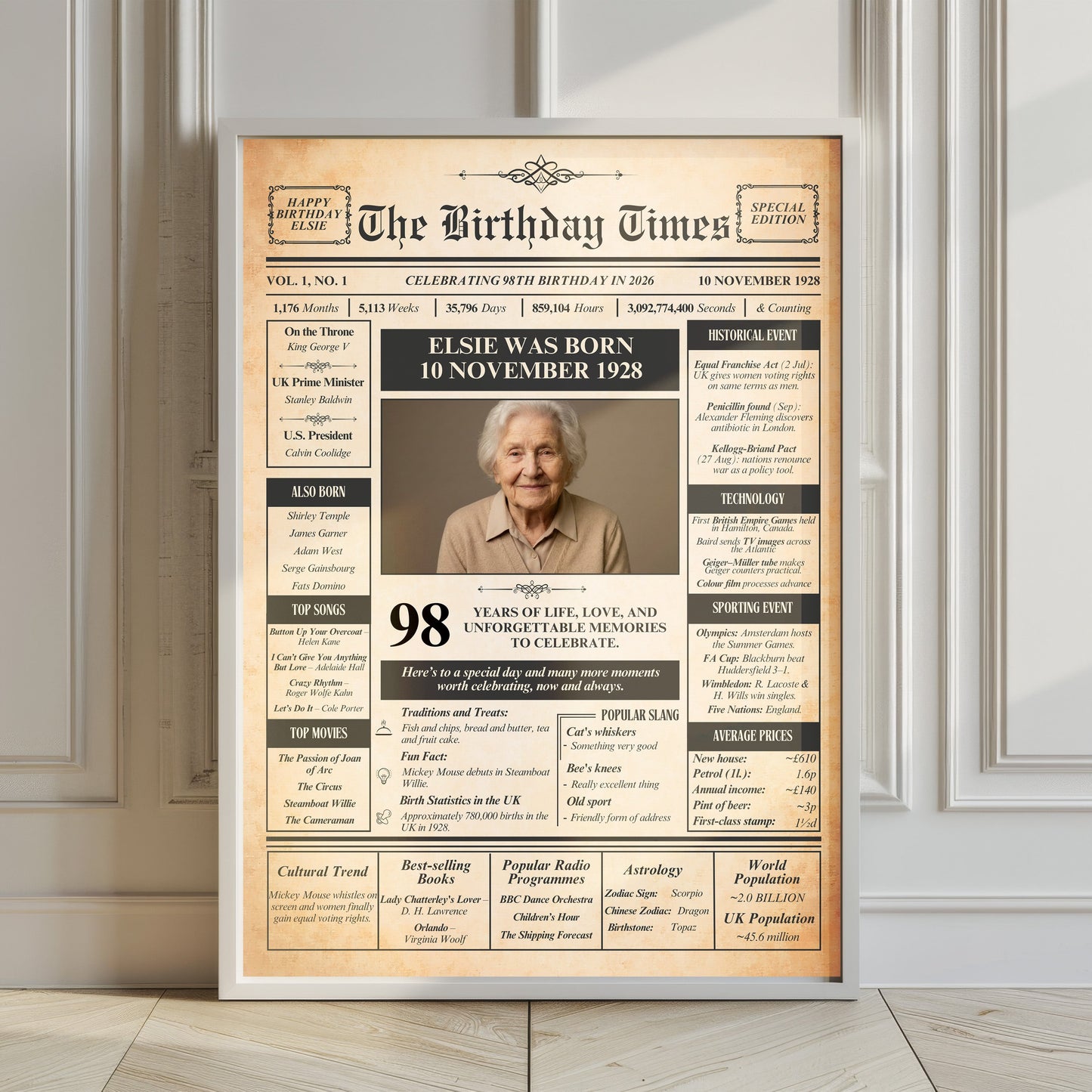 The image is a birthday poster featuring a portrait of an elderly woman, celebrating her 98th birthday in December 2026.