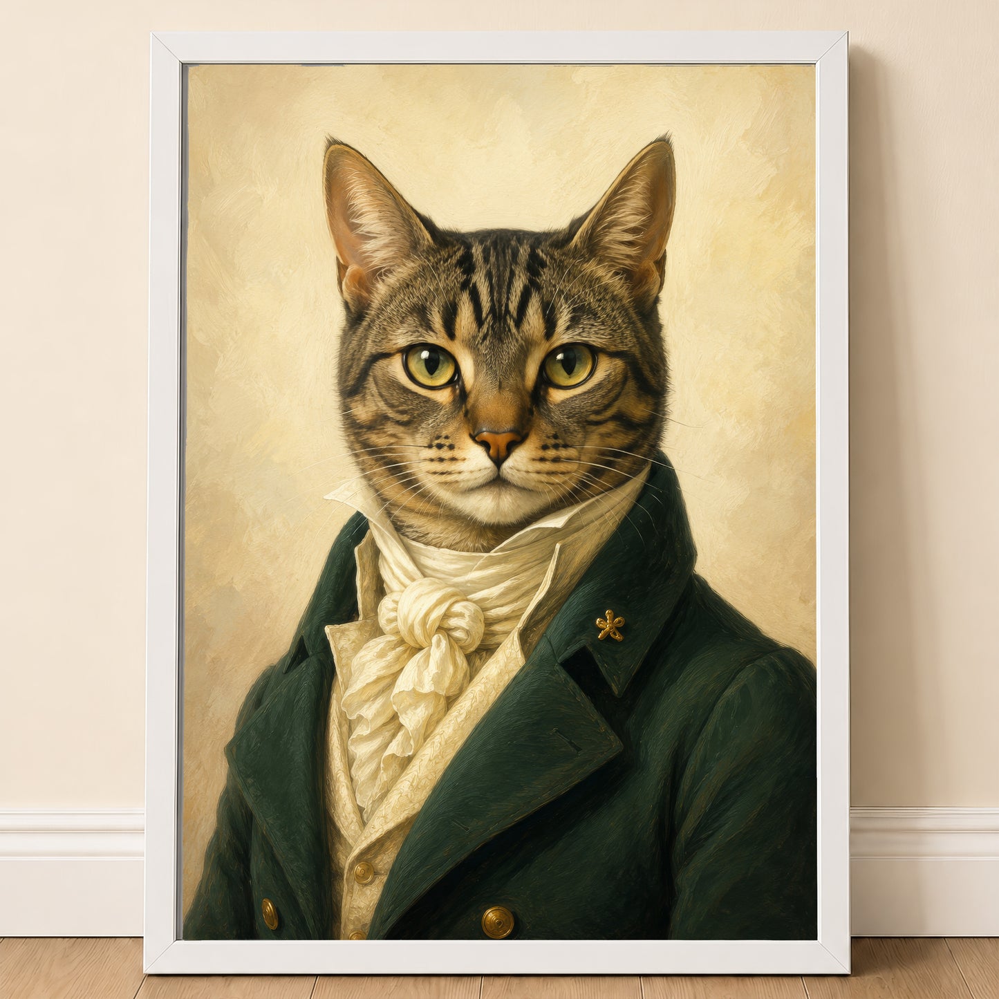A portrait of a cat wearing a green coat and white collar, with a serious expression on its face.