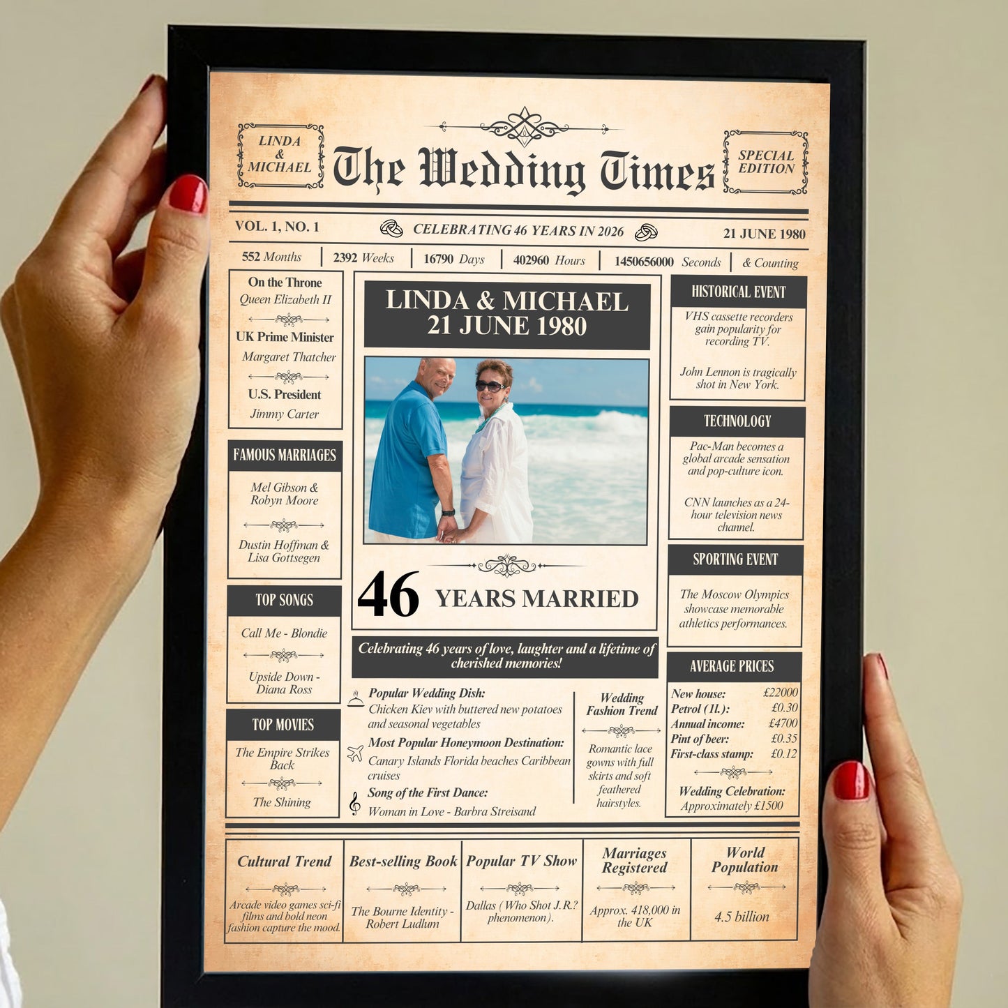 The image is a wedding newspaper or magazine featuring the story of Linda & Michael, who are 46 years married, with various articles and sections related to their life together.