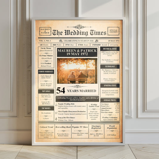 The image is a framed newspaper-style poster celebrating Maureen and Patrick's 54 years of marriage, featuring a photograph of the recipient and various text elements.