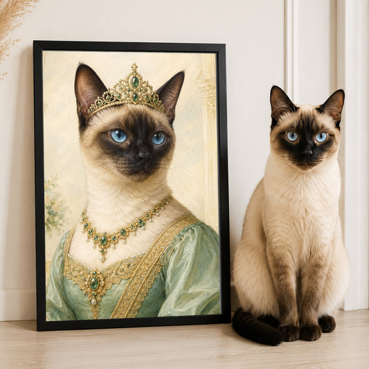 A Siamese cat wearing a green dress and a gold crown is standing next to a framed image of the same cat in a regal pose.