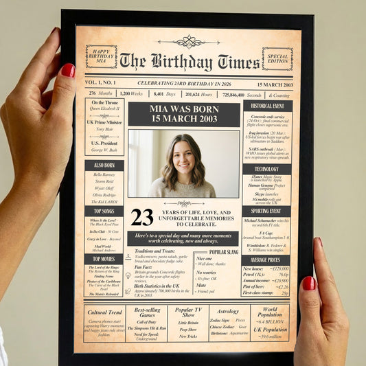 a person holding a framed newspaper-style birthday announcement for a young woman named Mia. The announcement includes details about her birth date, age, and various personal information, as well as a photo of her smiling.