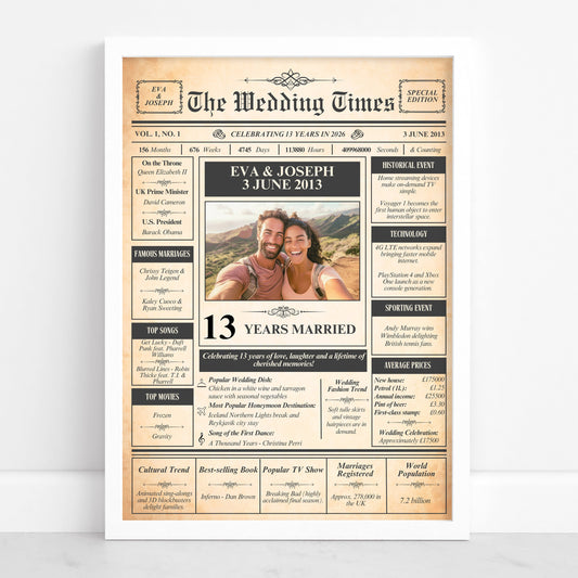 The image is a wedding invitation or announcement for the Wedding Times newspaper, featuring a recipient celebrating their 13th wedding anniversary.