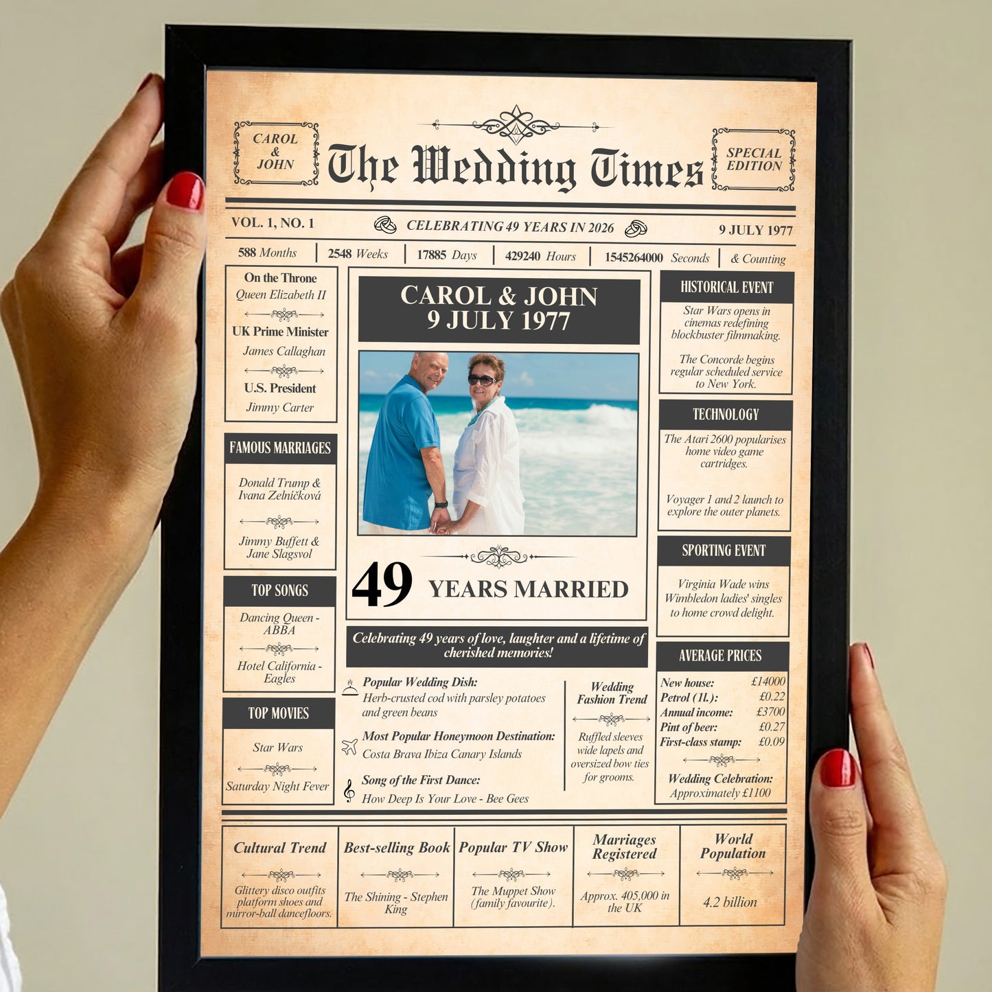 a person holding a framed newspaper-style wedding report titled "The Wedding Times" with a recipient's anniversary celebration.
