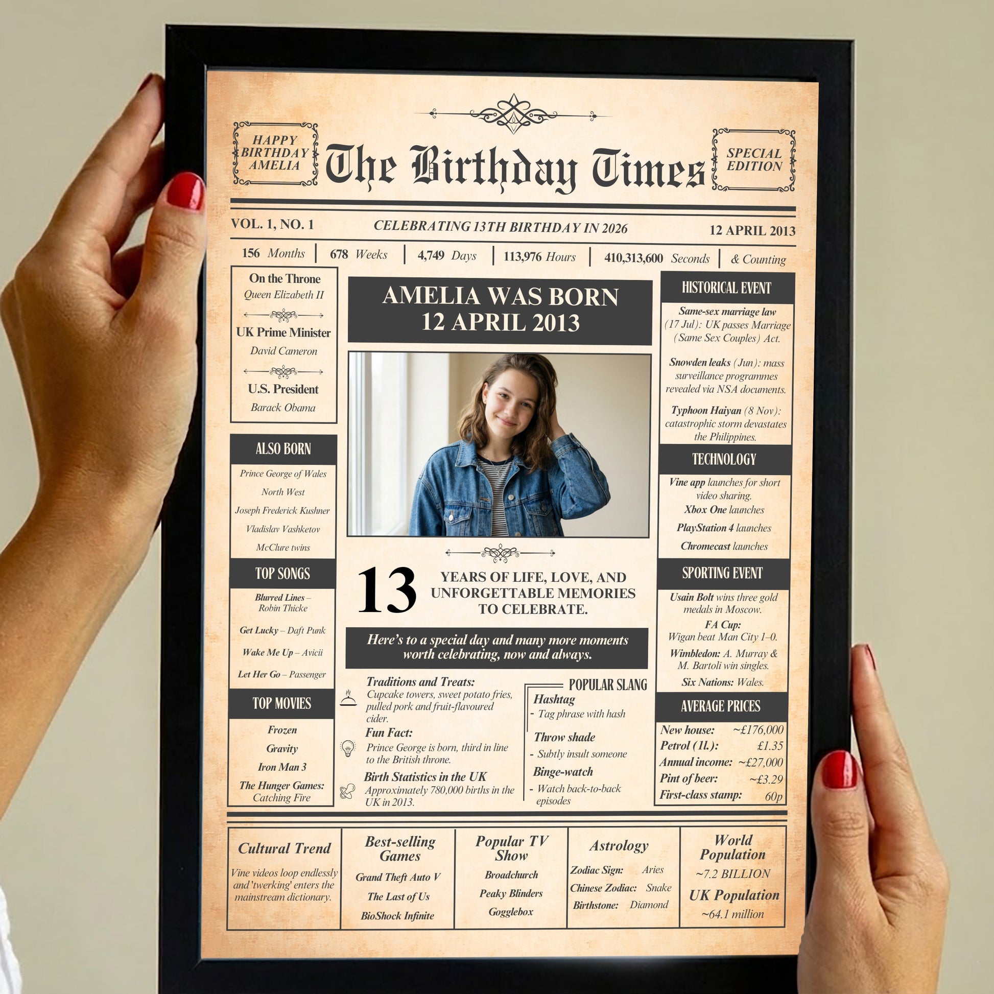 a person holding a framed newspaper-style birthday announcement for a young woman named Amelia. The announcement includes text and a photo of the individual, celebrating her 13th birthday.
