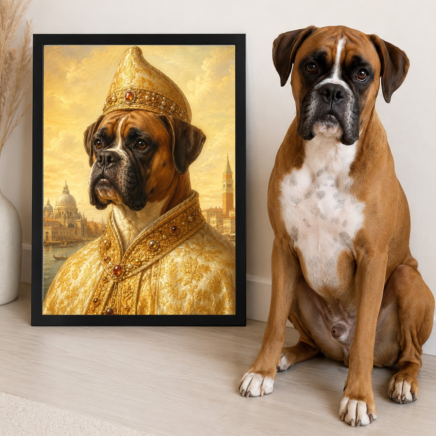 A portrait of a dog wearing a golden robe and hat, with a cityscape in the background, next to a real-life brown and white dog sitting on the floor.