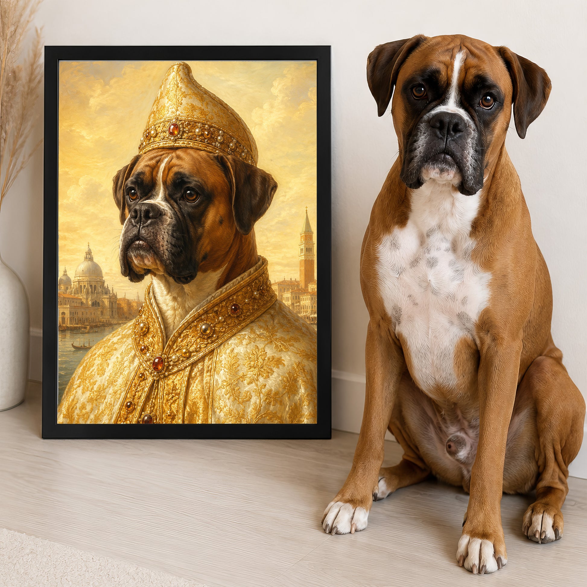 A portrait of a dog wearing a golden robe and hat, with a cityscape in the background, next to a real-life brown and white dog sitting on the floor.