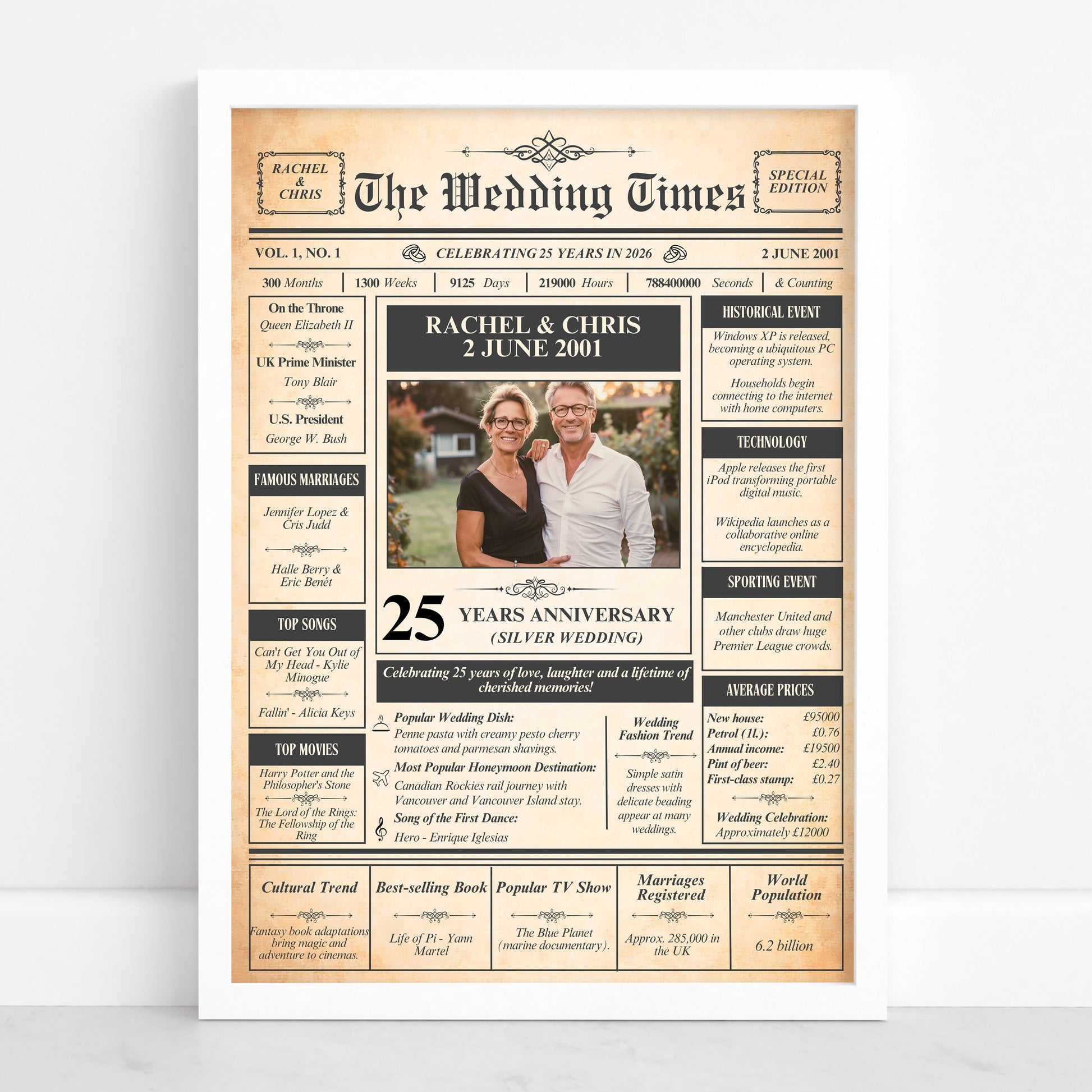 The image is a wedding anniversary newspaper featuring a recipient celebrating their 25th anniversary.