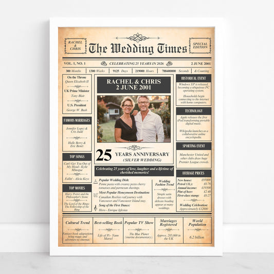 The image is a wedding anniversary newspaper featuring a recipient celebrating their 25th anniversary.