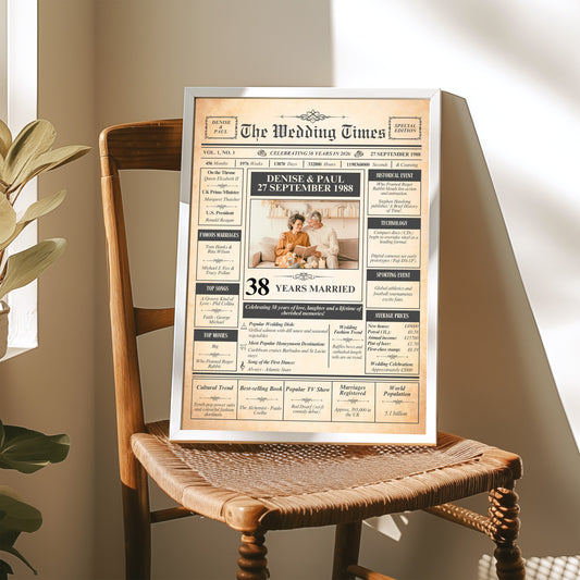 The image is a framed newspaper-style announcement celebrating the 38th anniversary of Denise and Paul's marriage.