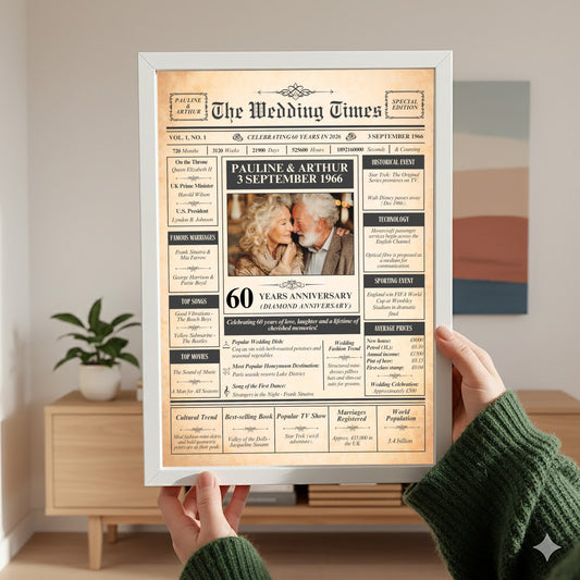 A person is holding up a framed newspaper-style wedding anniversary announcement for Pauline and Arthur, celebrating their 60 years of marriage.