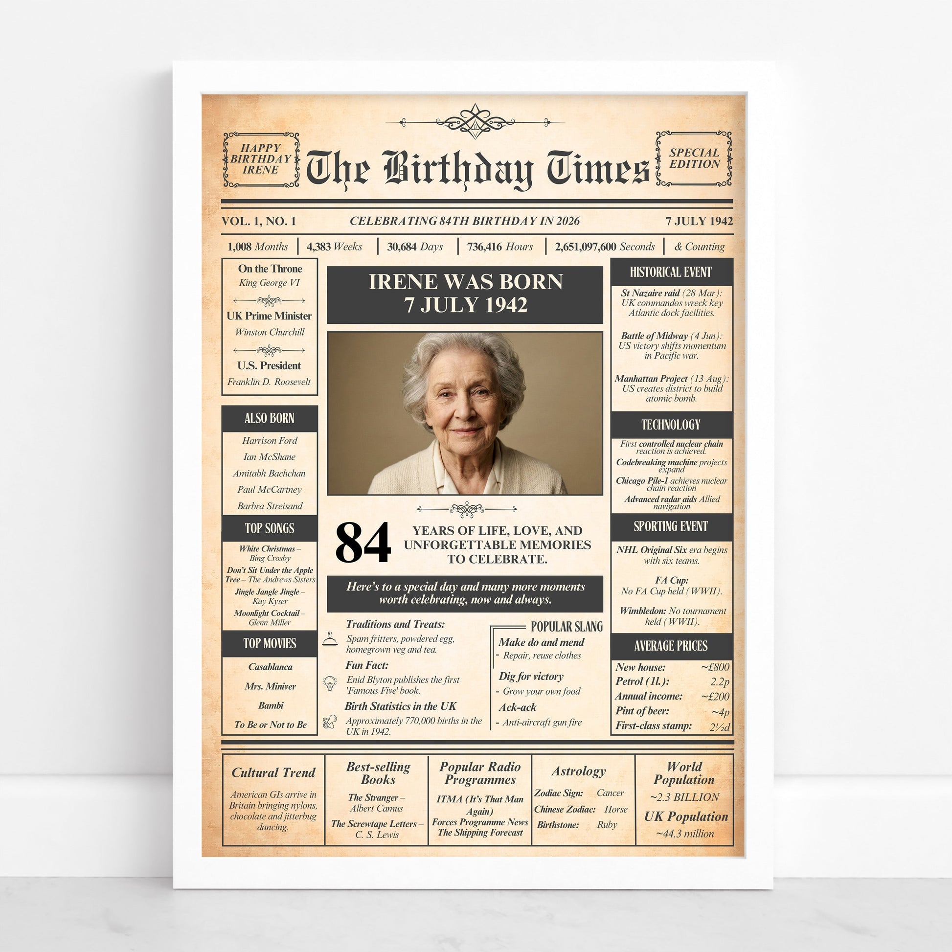 The image is a birthday poster featuring a portrait of an elderly woman, likely celebrating her 84th birthday. The poster includes various details about Irene, such as her birth date, death date, and a list of her accomplishments and experiences. The poster also includes a list of her favourite movies and a list of her favourite songs. The overall layout and content of the poster suggest it is a personalised birthday celebration for Irene.