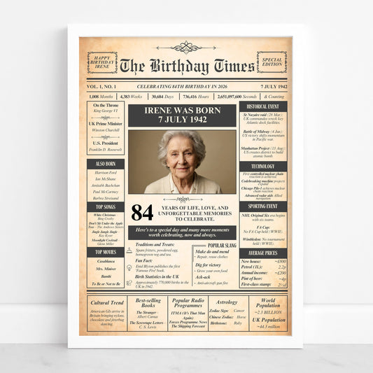 The image is a birthday poster featuring a portrait of an elderly woman, likely celebrating her 84th birthday. The poster includes various details about Irene, such as her birth date, death date, and a list of her accomplishments and experiences. The poster also includes a list of her favourite movies and a list of her favourite songs. The overall layout and content of the poster suggest it is a personalised birthday celebration for Irene.