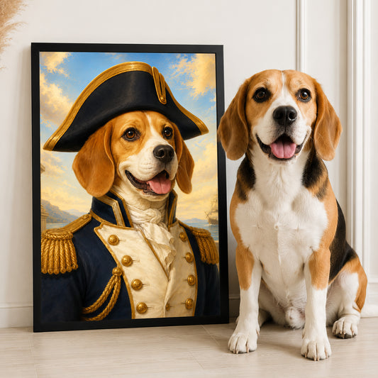 A beagle dog wearing a military uniform, possibly a captain's outfit, is sitting next to a framed image of the same dog in a hat.