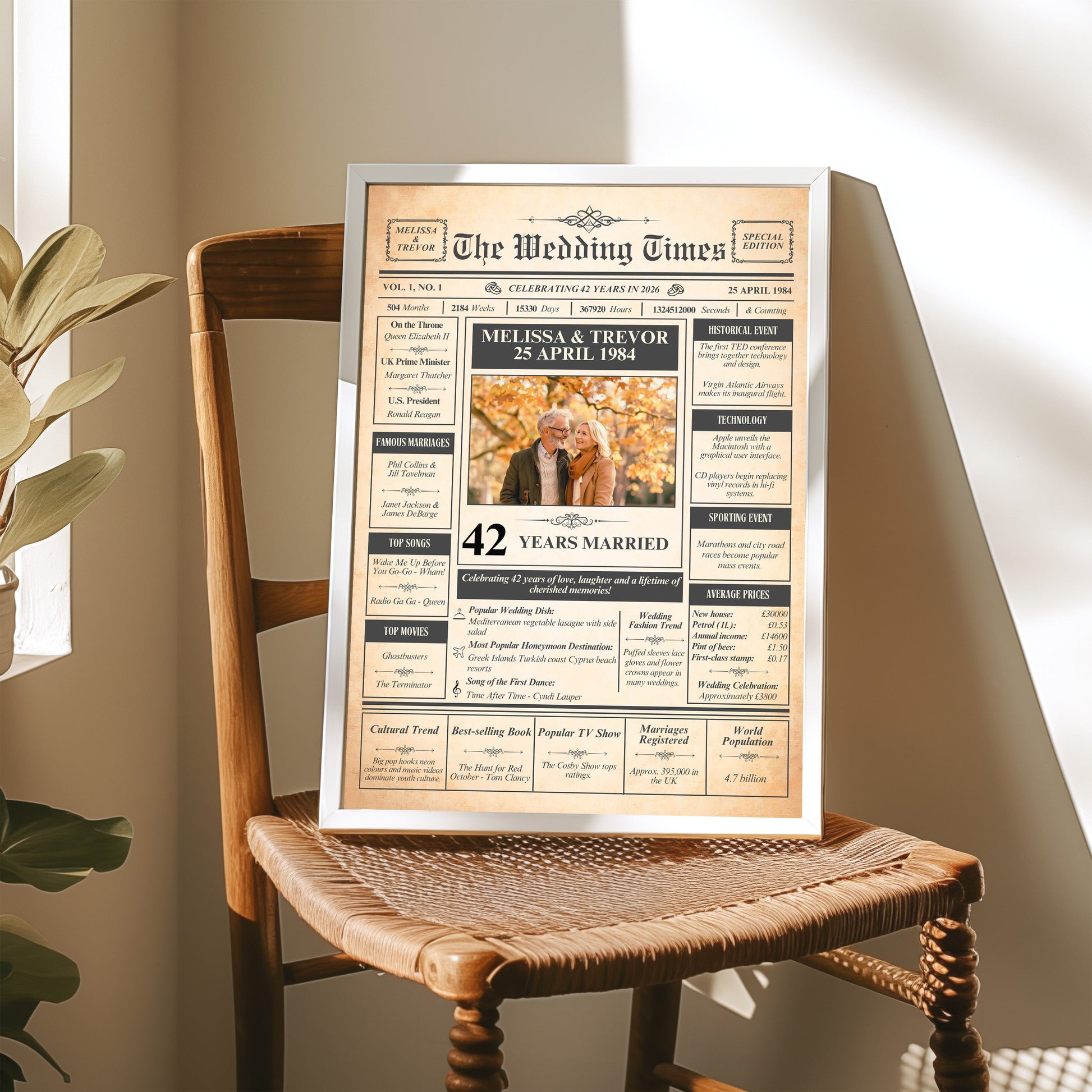 a framed newspaper-style wedding anniversary poster with the title "The Wedding Times" and the date "25 April 1984". The poster features a recipient celebrating their 42 years of marriage, with a photo of the recipient and various text elements providing details about their wedding and life together.