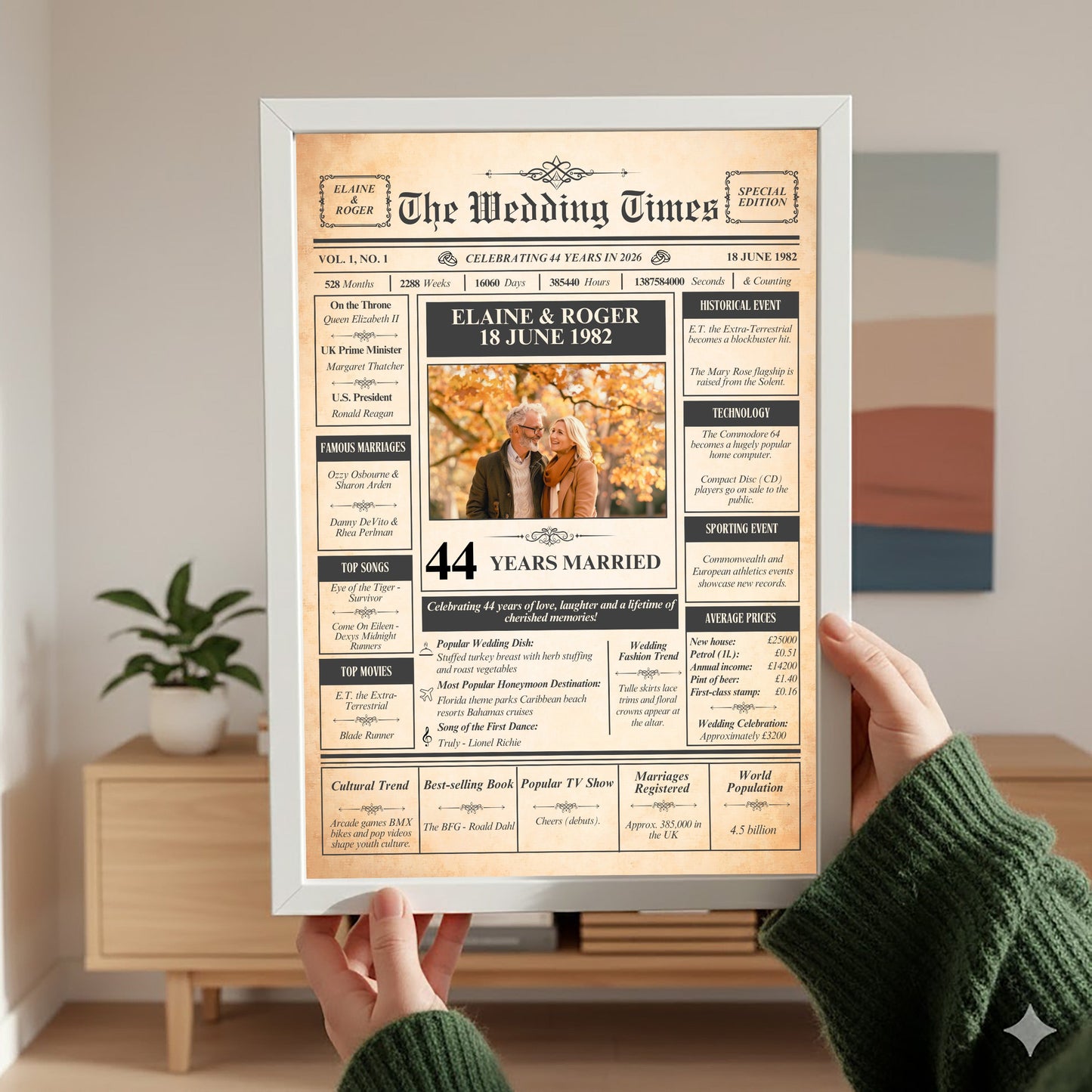 A person is holding up a framed newspaper-style poster titled "The Wedding Times" celebrating the 44th anniversary of Elaine and Roger's marriage.