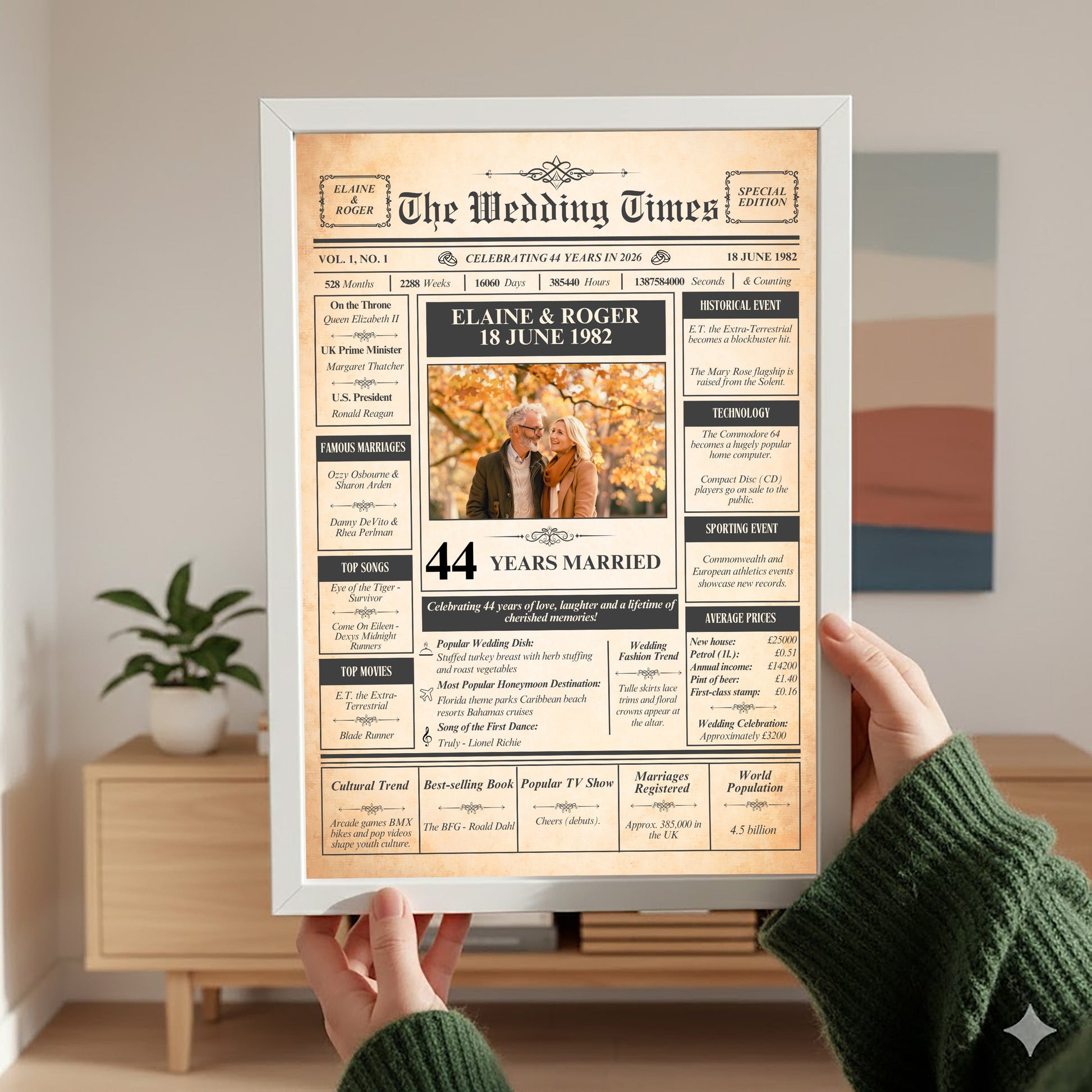 A person is holding up a framed newspaper-style poster titled "The Wedding Times" celebrating the 44th anniversary of Elaine and Roger's marriage.