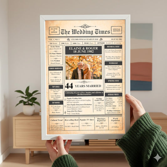A person is holding up a framed newspaper-style poster titled "The Wedding Times" celebrating the 44th anniversary of Elaine and Roger's marriage.