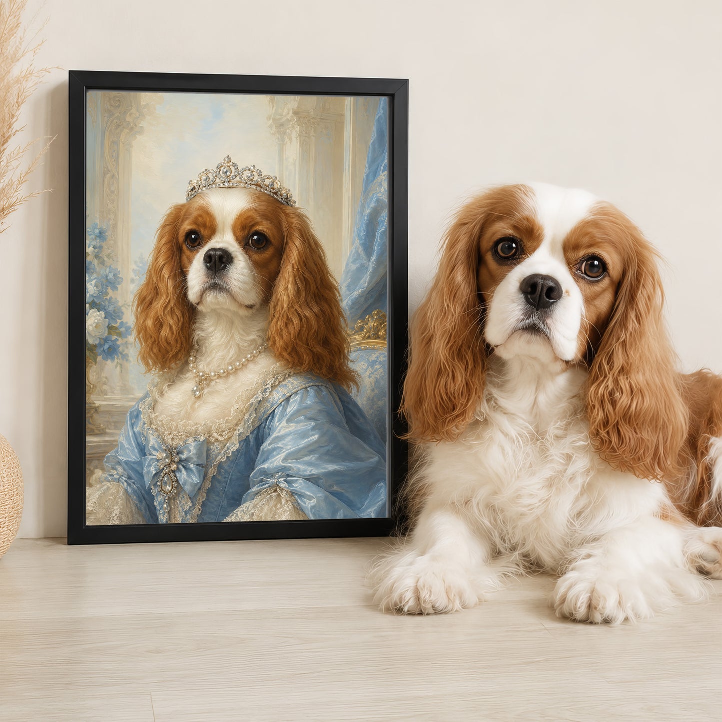 A Cavalier King Charles Spaniel dog wearing a blue dress and a tiara, sitting next to a framed image of the same dog in a regal pose.