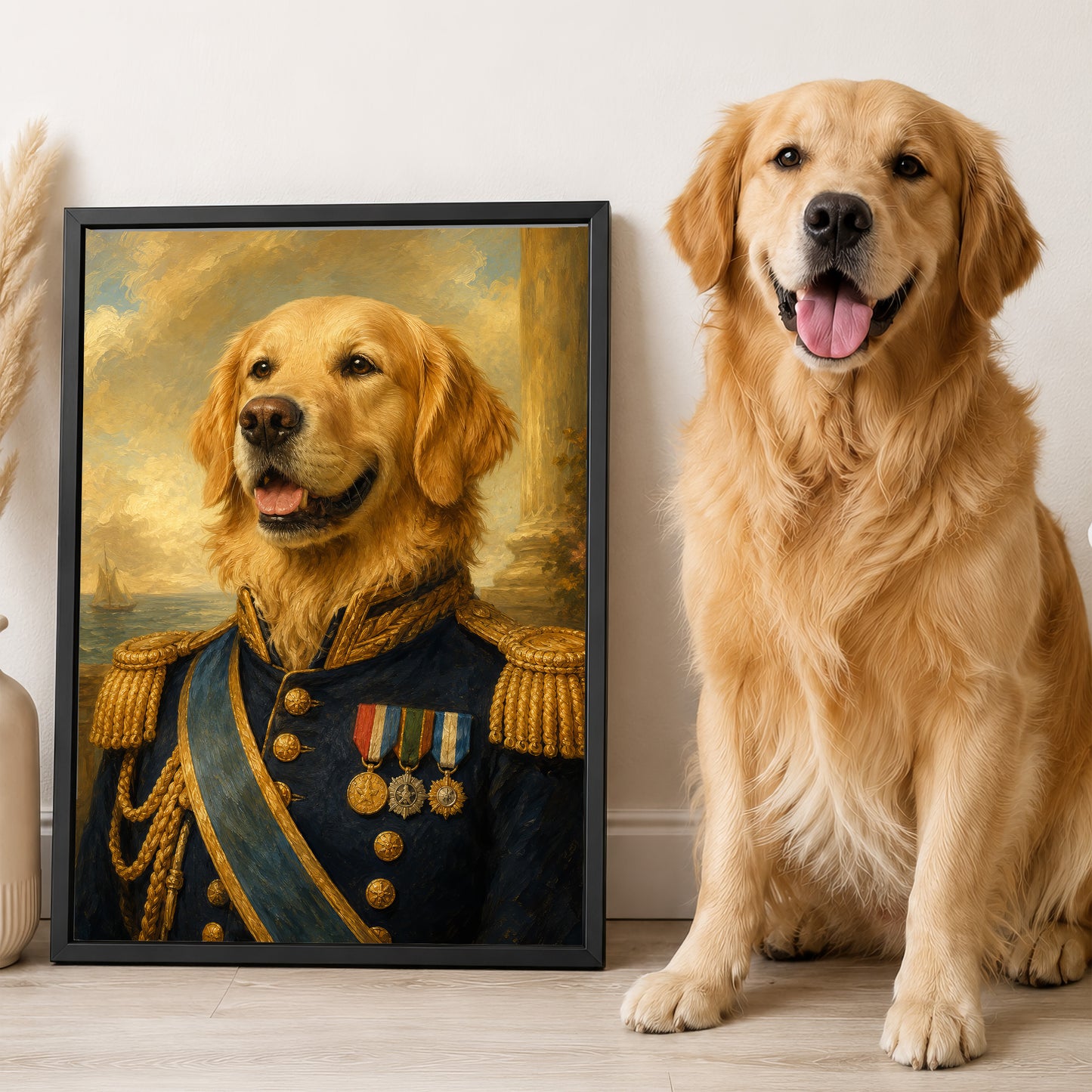 a golden retriever dog wearing a military uniform, with medals on its chest, and standing next to a framed painting of the same dog in a military uniform.