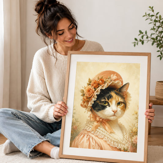 A woman is sitting on the floor and holding a framed picture of a cat wearing a hat with flowers.
