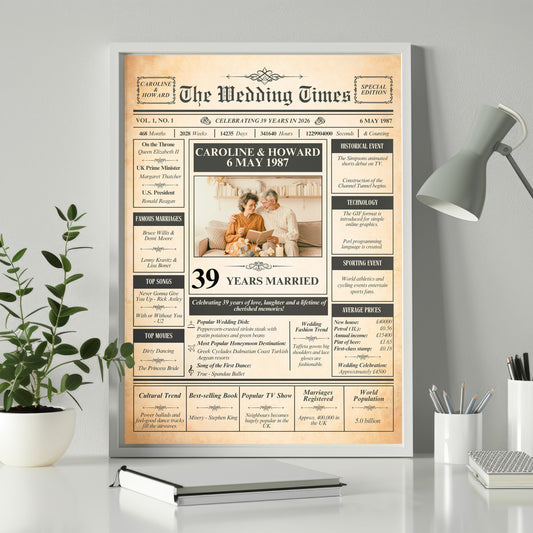 The image is a framed newspaper-style poster celebrating the 39 years of a recipient's marriage, with various details and events listed.
