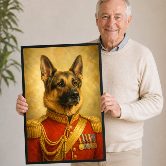 A man is holding up a framed portrait of a German Shepherd dog wearing a red military uniform with gold epaulettes.