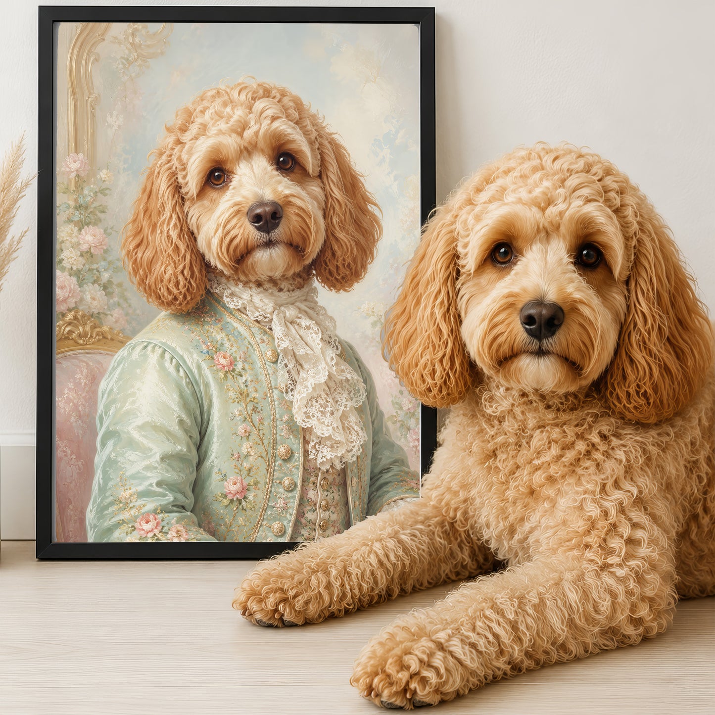 A golden retriever dog wearing a light blue coat with lace trim, sitting next to a framed image of the dog in a man's outfit.