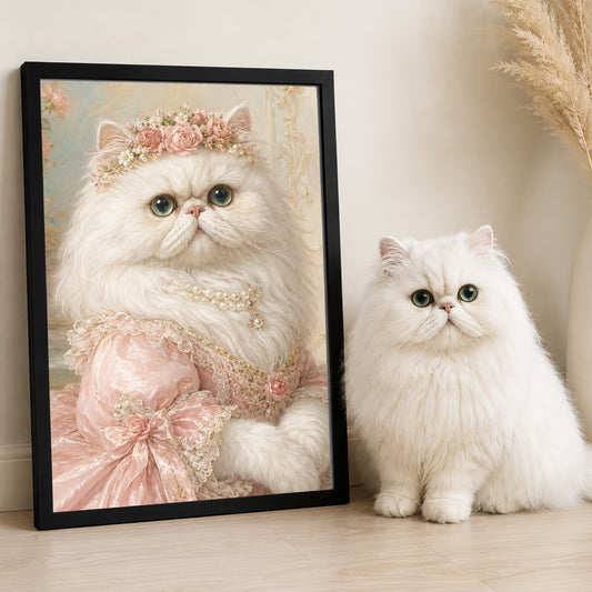 A framed image of a white Persian cat wearing a pink dress and a flower crown, with a smaller white cat sitting next to it.