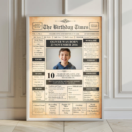 The image is a birthday poster featuring a young boy named Oliver, celebrating his 10th birthday in November 2016. The poster includes a photo of Oliver and a list of his birth details, as well as various other information about him.