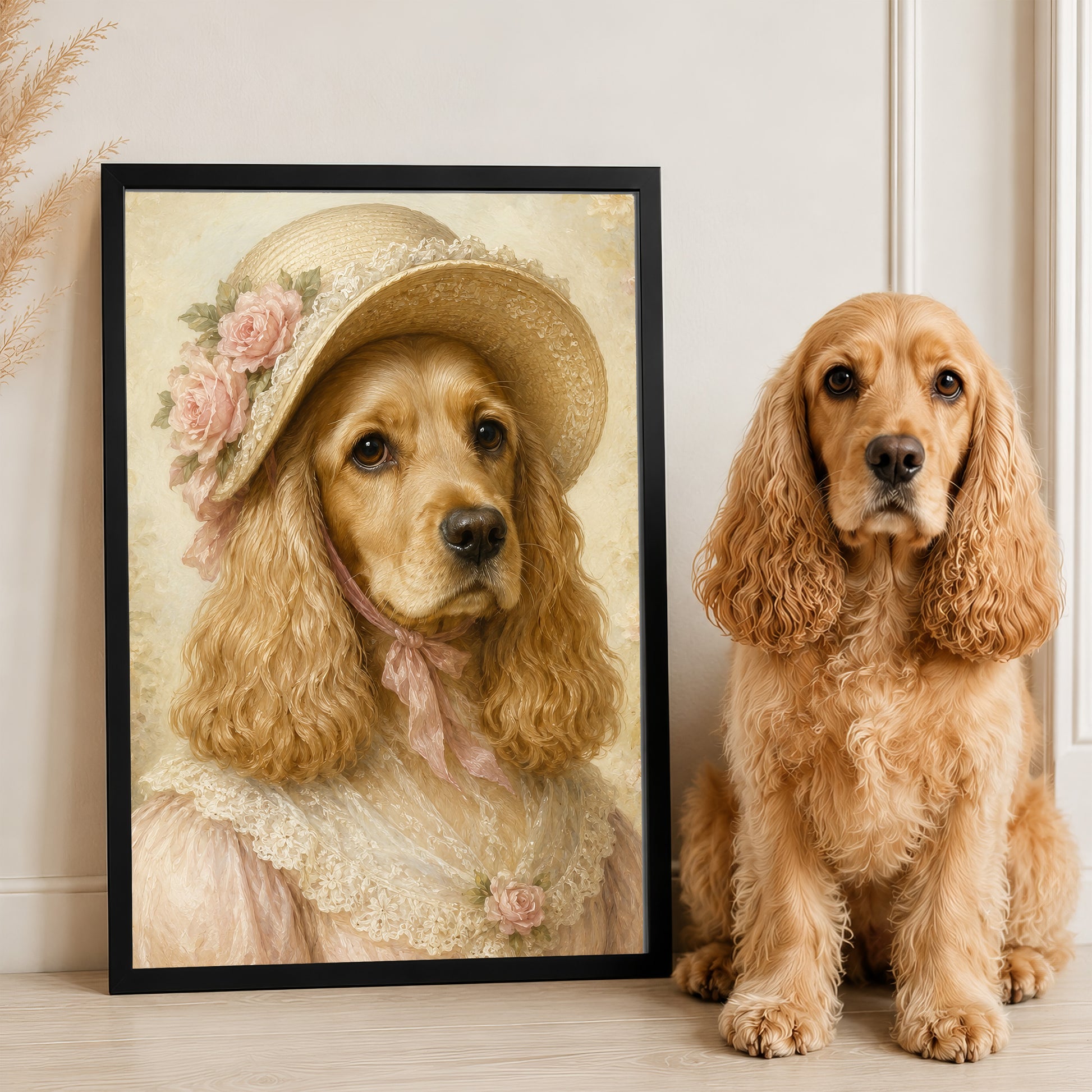 A golden retriever dog wearing a hat with pink flowers, sitting next to a framed portrait of the same dog.