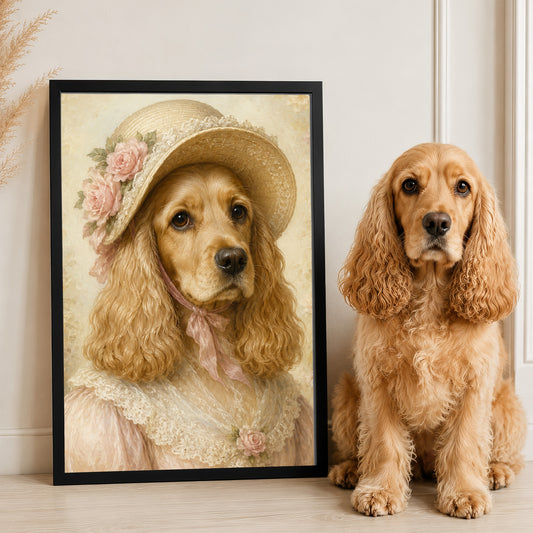 A golden retriever dog wearing a hat with pink flowers, sitting next to a framed portrait of the same dog.