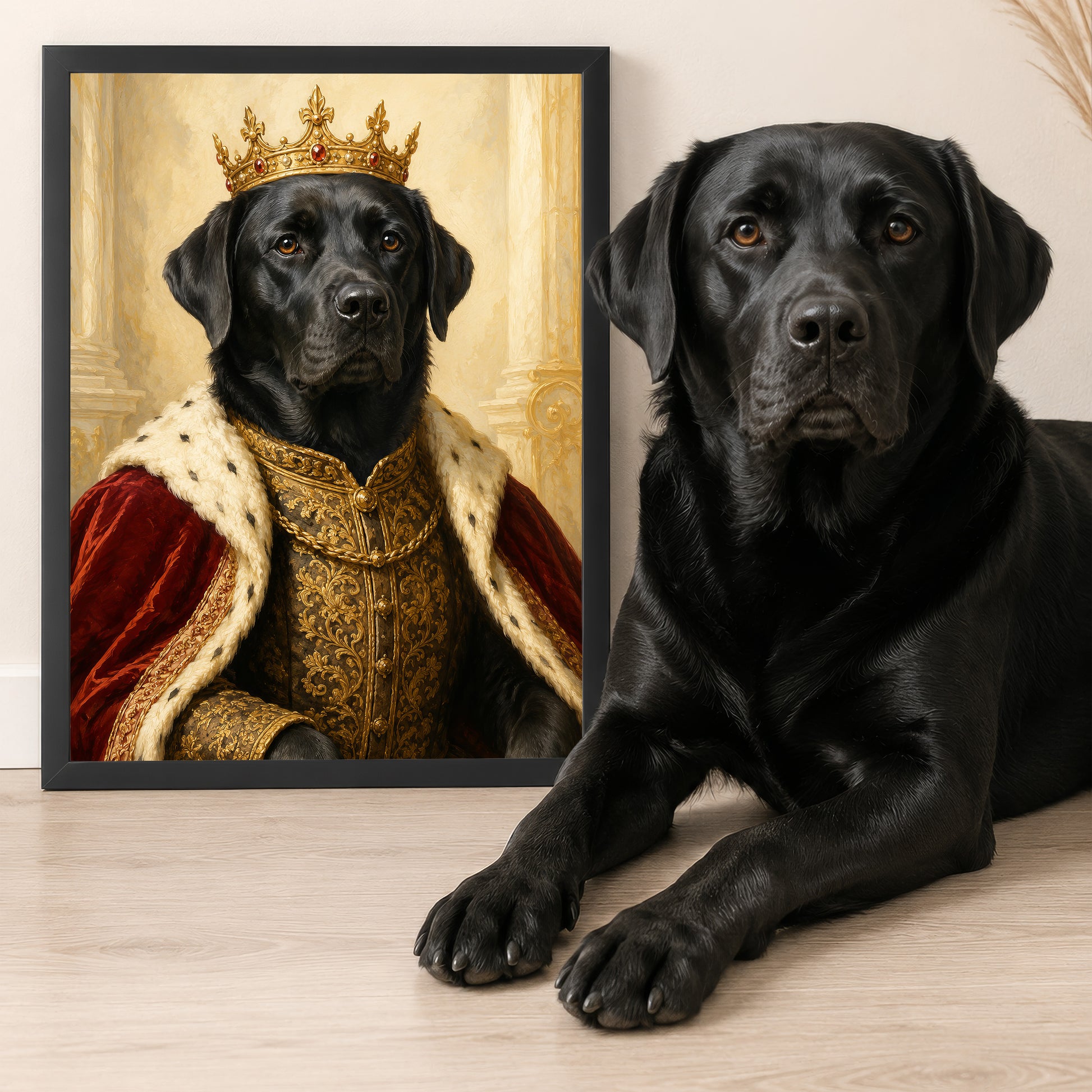 A black dog wearing a golden crown and a red velvet robe, sitting next to a framed image of the same dog in a regal pose.
