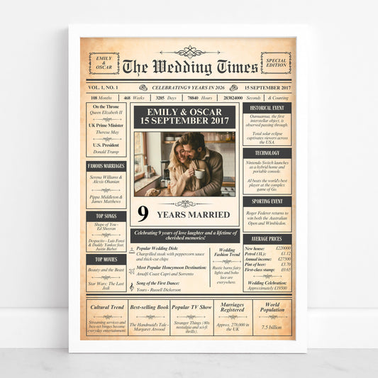 The image is a wedding invitation or announcement for the Wedding Times newspaper, featuring a recipient celebrating their 9-year marriage.