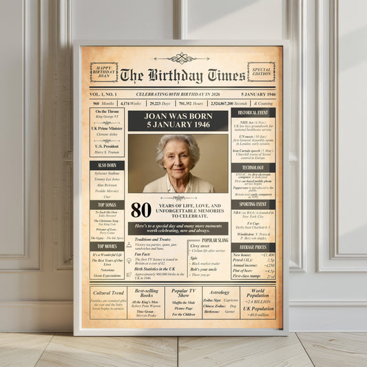 The image is a birthday newspaper-style poster featuring a portrait of an elderly woman, likely celebrating her 80th birthday.