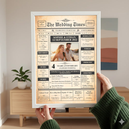 a person holding up a framed newspaper-style wedding announcement for Sophie and Ethan, celebrating their 4th anniversary.