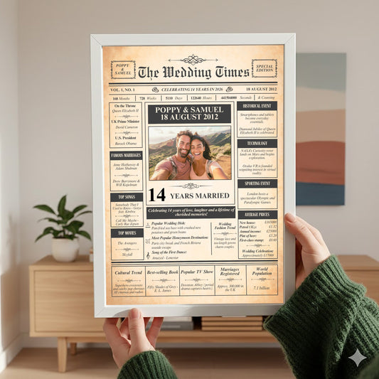 A person is holding up a framed newspaper-style wedding announcement for the recipient, celebrating their 14 years of marriage.
