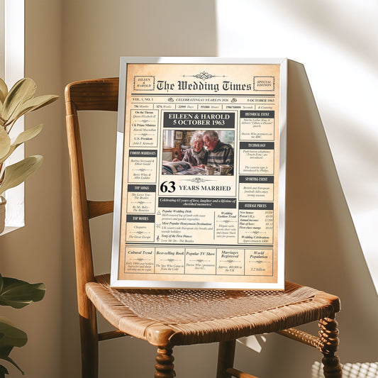 The image is a framed newspaper-style poster celebrating the 63 years of a recipient's marriage, placed on a wooden chair.