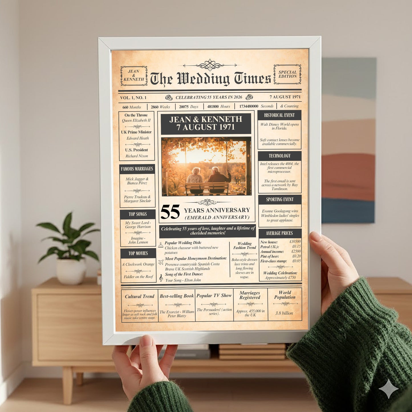 a person holding up a framed newspaper-style wedding anniversary announcement for Jean & Kenneth, celebrating their 55th anniversary.