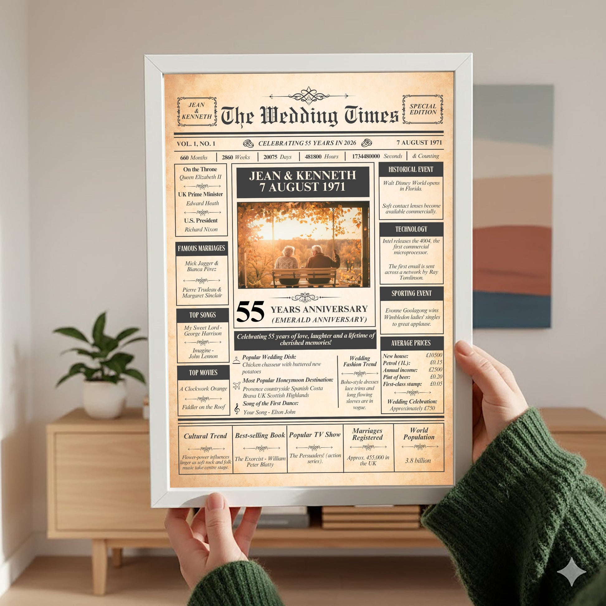 a person holding up a framed newspaper-style wedding anniversary announcement for Jean & Kenneth, celebrating their 55th anniversary.