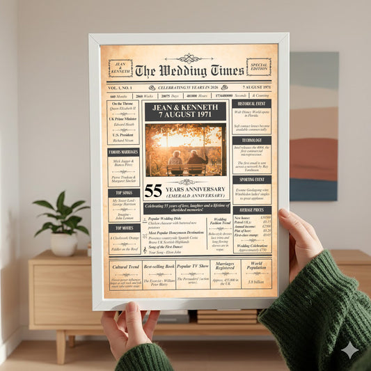 a person holding up a framed newspaper-style wedding anniversary announcement for Jean & Kenneth, celebrating their 55th anniversary.