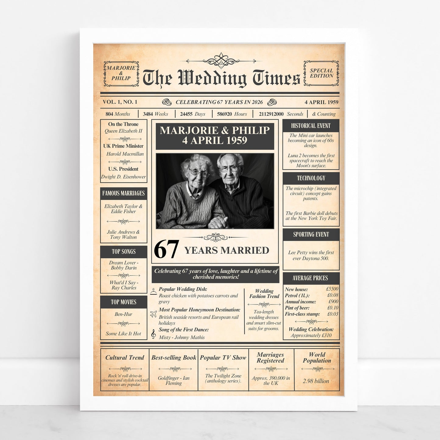The image is a wedding invitation or announcement featuring a recipient celebrating their 67th anniversary. The text is in a vintage style, and the recipient is identified as Marjorie & Philip.