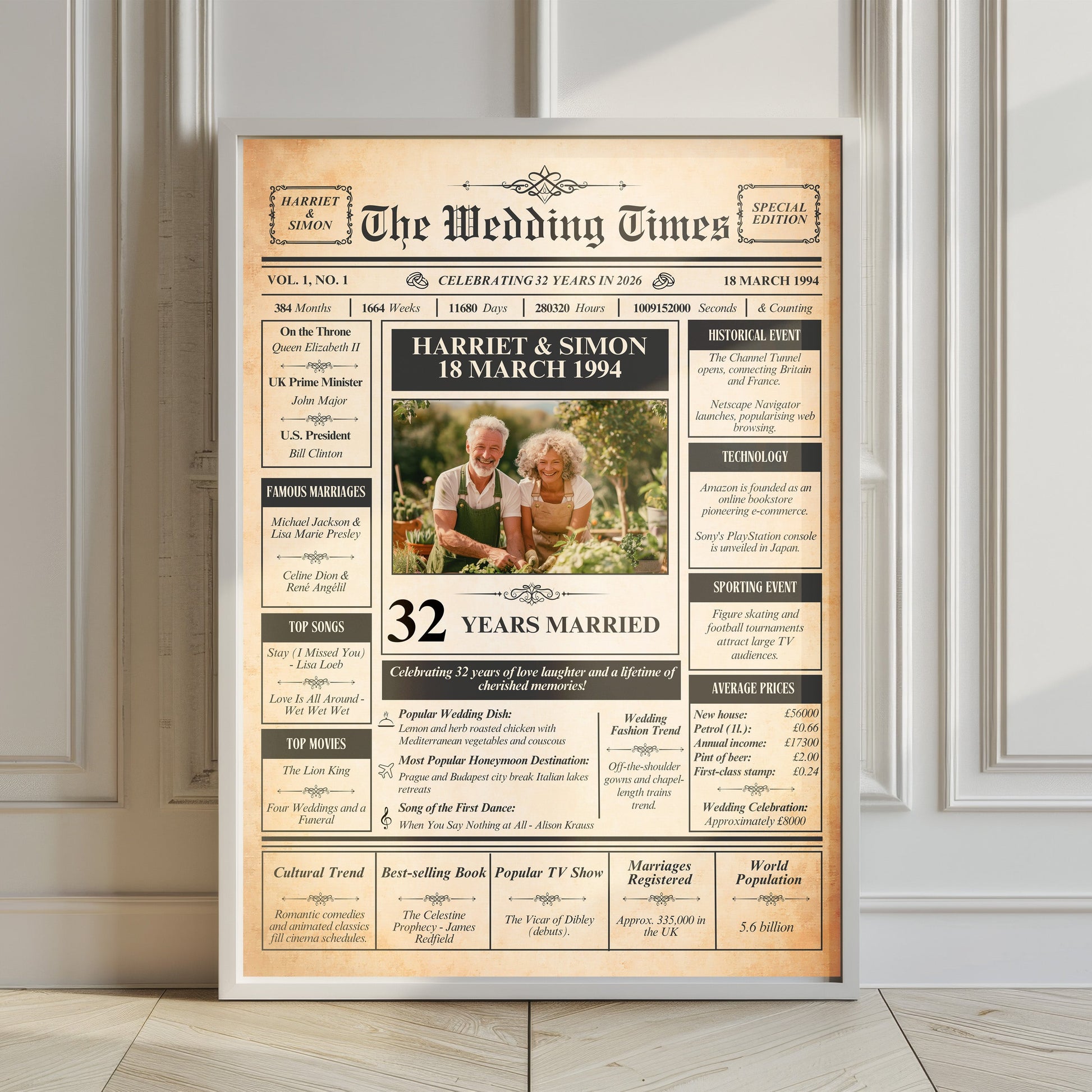 The image is a poster celebrating the 32nd anniversary of the marriage of Harriet and Simon, featuring a photo of the recipient and various details about their life together.