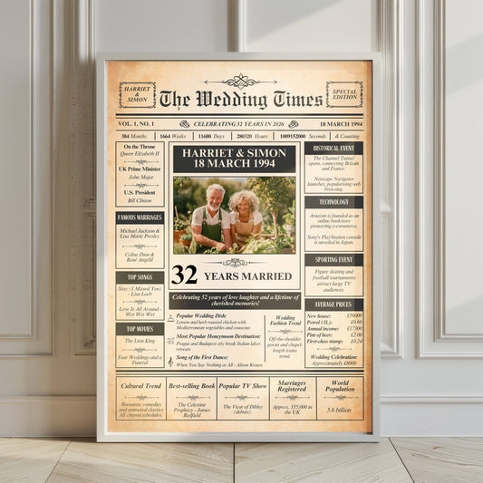 The image is a poster celebrating the 32nd anniversary of the marriage of Harriet and Simon, featuring a photo of the recipient and various details about their life together.