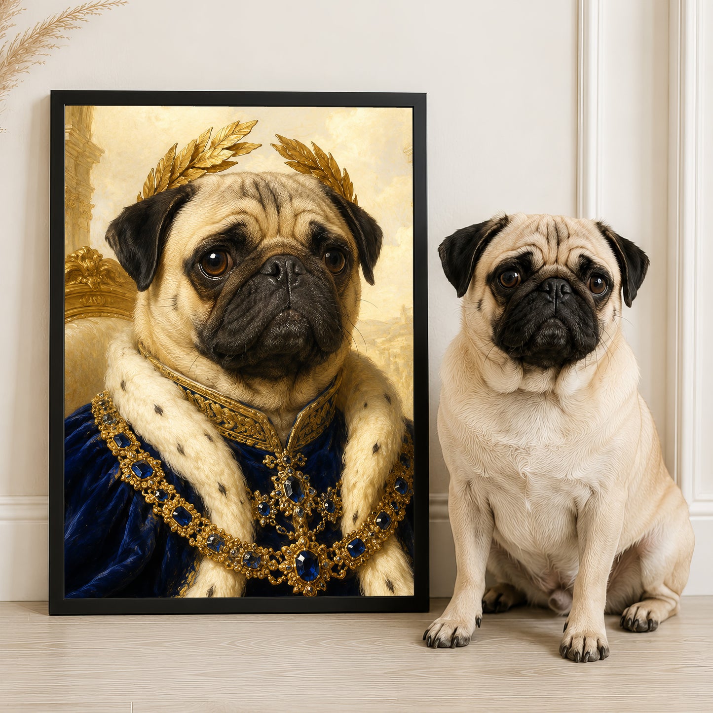 A pug dog wearing a regal blue and gold outfit, resembling a king, is standing next to a framed image of the same pug dog in a regal outfit.
