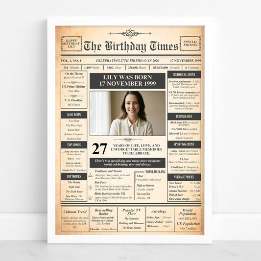 The image is a birthday newspaper-style poster featuring a portrait of a woman with the text "Lily was born 17 November 1999 27 YEARS OF LIFE, LOVE, AND UNFORgettable memories" along with other personal details and information about her life.